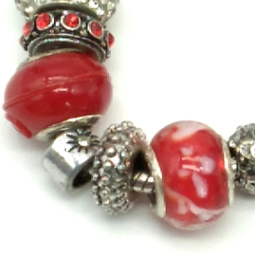 Bling Silver-tone & Red Beaded Charm Slider Bracelet on Snake Chain NWOT